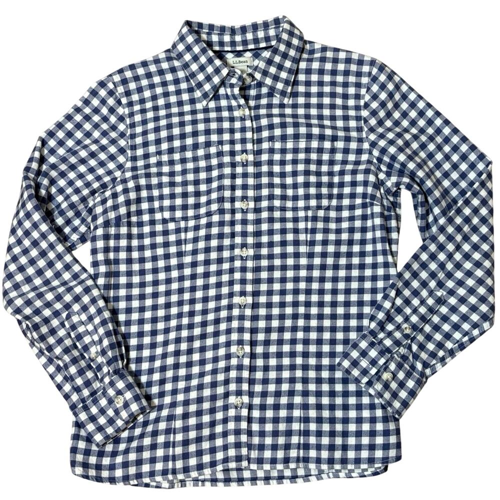 L. L. Bean Button Down Flannel Shirt XS Petite Blue White Gingham Preppy Coastal